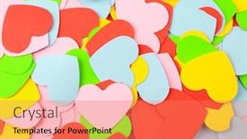  Presentation with confetti - Audience pleasing PPT theme consisting of bright confetti in shape of heart closeup backdrop and a coral colored foreground