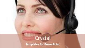  Presentation with customer service - Presentation with bright customer service agent using headset against a white background background and a coral colored foreground