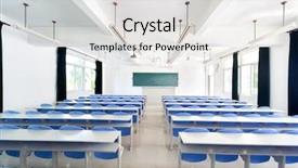  Presentation with chairs - PPT theme featuring bright empty classroom with desks background and a white colored foreground