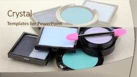  Presentation with foundation - Presentation design enhanced with bright eye shadows and sponge brushes for foundation on grey background background and a cream colored foreground
