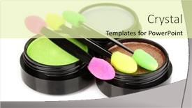  Presentation with foundation - Audience pleasing presentation design consisting of bright eye shadows and sponge brushes for foundation isolated on white backdrop and a blonde colored foreground