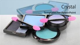  Presentation with foundation - PPT theme featuring bright eye shadows and sponge brushes for foundation on grey background background and a light blue colored foreground