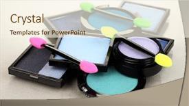  Presentation with foundation - Slide deck having bright eye shadows and sponge brushes for foundation on grey background background and a cream colored foreground