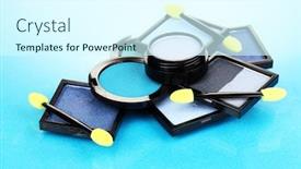  Presentation with foundation - Theme with bright eye shadows and sponge brushes for foundation on blue background background and a cool aqua colored foreground