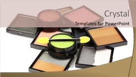  Presentation with foundation - Presentation consisting of bright eye shadows and sponge brushes for foundation isolated on white background and a soft green colored foreground