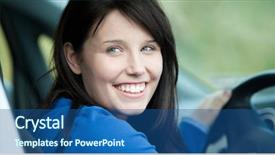  Presentation with driver - Cool new PPT layouts with bright female driver sitting in a car smiling at the camera backdrop and a ocean colored foreground