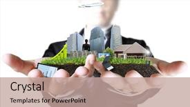  Presentation with bright future - Beautiful slides featuring bright future - person holding a business building backdrop and a coral colored foreground