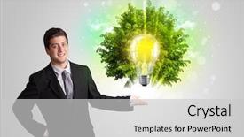  Presentation with idea light ball - PPT layouts having bright future - young man presenting idea light background and a light gray colored foreground