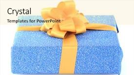  Presentation with blue gold - Colorful presentation theme enhanced with bright gift isolated on white backdrop and a blonde colored foreground