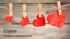  Presentation with wooden heart the slogan - Beautiful slide deck featuring bright hearts hanging on rope backdrop and a mint green colored foreground