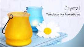  Presentation with lamps - Presentation enhanced with bright icon-lamps with flower on wooden stand on light background background and a sky blue colored foreground