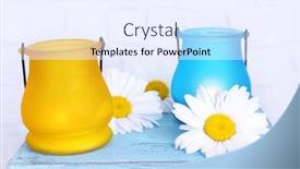  Presentation with lamps - Audience pleasing theme consisting of bright icon-lamps with flowers on wooden stand on light background backdrop and a sky blue colored foreground