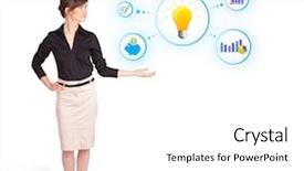  Presentation with light bulb graduation cap - PPT theme featuring bright idea - young woman presenting light bulb background and a  colored foreground