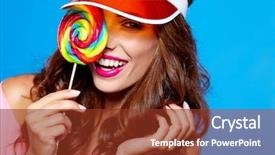  Presentation with beauty makeup - Colorful presentation design enhanced with bright makeup beauty girl portrait holding colorful lollipop blue background backdrop and a tawny brown colored foreground
