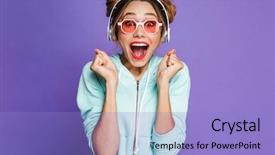  Presentation with music headphones - PPT theme with bright makeup over violet background and a light blue colored foreground