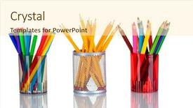  Presentation with crayons - Presentation enhanced with bright markers and crayons in holders isolated on white background and a cream colored foreground