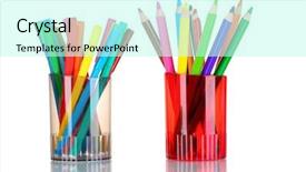  Presentation with crayons - PPT theme consisting of close up two pencil yellow - bright markers and crayons background and a cool aqua colored foreground
