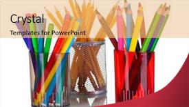  Presentation with crayons - PPT theme having bright markers and crayons in holders isolated on white background and a yellow colored foreground