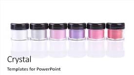  Presentation with mineral - PPT theme having bright mineral eye shadows in clear plastic jars isolated on white background with natural reflection background and a white colored foreground