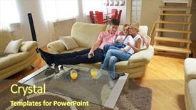  Presentation with living room family - Colorful presentation theme enhanced with bright modern living room backdrop and a tawny brown colored foreground