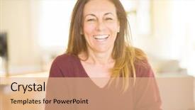  Presentation with older woman - Theme having bright older agees - beautiful middle age woman smiling background and a coral colored foreground