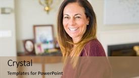  Presentation with older woman - Colorful slide deck enhanced with bright older agees - beautiful middle age woman smiling backdrop and a coral colored foreground