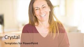  Presentation with older woman - PPT theme consisting of bright older agees - beautiful middle age woman smiling background and a coral colored foreground