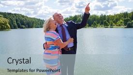  Presentation with elderly people walking difficulties - Slide deck with bright older agees - elderly couple on a walk background and a  colored foreground