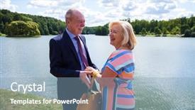  Presentation with elderly people walking difficulties - Beautiful PPT theme featuring bright older agees - elderly couple on a walk backdrop and a  colored foreground