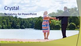  Presentation with elderly people walking difficulties - Slides with bright older agees - elderly couple on a walk background and a sky blue colored foreground