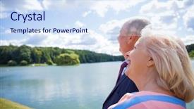  Presentation with older couple - Colorful presentation design enhanced with bright older agees - elderly couple on a walk backdrop and a sky blue colored foreground