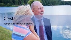  Presentation with elderly people walking difficulties - Slide deck featuring bright older agees - elderly couple on a walk background and a  colored foreground