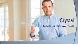  Presentation with smart home automation engineering - PPT layouts having bright older agees - middle age man drinking coffee background and a sky blue colored foreground