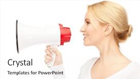  Presentation with bright - PPT theme enhanced with bright picture of beautiful woman with megaphone background and a white colored foreground