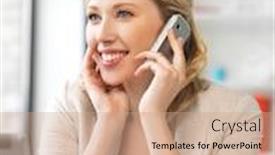  Presentation with cell - Cool new PPT theme with bright picture of businesswoman with cell phone backdrop and a coral colored foreground