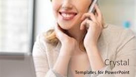  Presentation with cell - Amazing slide deck having bright picture of businesswoman with cell phone backdrop and a soft green colored foreground