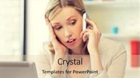  Presentation with cell - Amazing PPT theme having bright picture of businesswoman with cell phone backdrop and a lemonade colored foreground