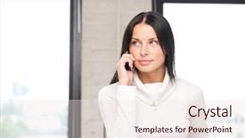  Presentation with cell - Slide deck having bright picture of businesswoman with cell phone background and a sky blue colored foreground