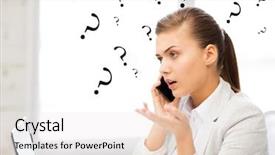  Presentation with smartphone - PPT theme with bright picture of confused woman with smartphone background and a white colored foreground