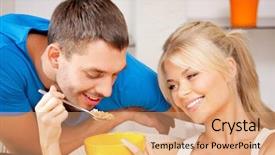  Presentation with muesli - Slide set having bright picture of happy couple with muesli focus on woman background and a coral colored foreground
