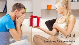  Presentation with romantic gift - Colorful PPT layouts enhanced with bright picture of happy romantic couple with gift focus on man backdrop and a coral colored foreground