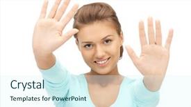  Presentation with bright - Colorful theme enhanced with bright picture of happy woman showing her palms backdrop and a cool aqua colored foreground
