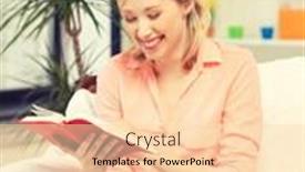  Presentation with bright - Slide set enhanced with bright picture of happy and smiling woman with book background and a lemonade colored foreground