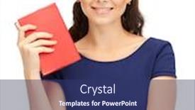  Presentation with bright - Cool new PPT theme with bright picture of happy and smiling woman with book backdrop and a ocean colored foreground