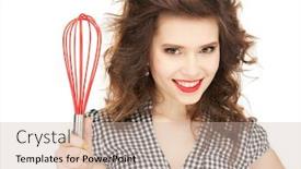  Presentation with cooking equipment - Presentation design featuring smiling young woman holding calculator grey wall background with pipes background and a coral colored foreground