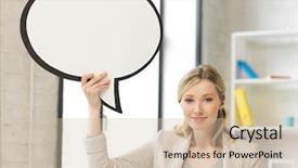  Presentation with bubble - Amazing slide deck having bright picture of smiling businesswoman with blank text bubble backdrop and a soft green colored foreground