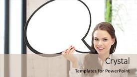  Presentation with bubble - Audience pleasing PPT layouts consisting of bright picture of smiling businesswoman with blank text bubble backdrop and a soft green colored foreground