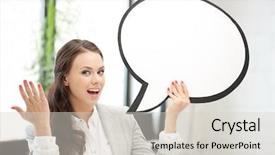 Presentation with bubble - Beautiful presentation theme featuring bright picture of smiling businesswoman with blank text bubble backdrop and a lemonade colored foreground