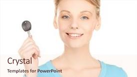  Presentation with car picture - Slide set having bright picture of smiling woman with car key background and a lemonade colored foreground