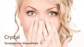  Presentation with bright white - Slide set with bright picture of surprised woman face over white background and a lemonade colored foreground